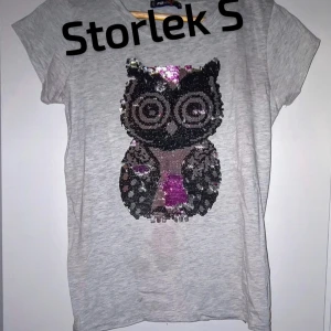 Grå t-shirt med paljettuggla - Grå t-shirt med korta ärmar och en stor uggla i paljetter på framsidan. Ugglan har inslag av svart, rosa och silver. T-shirten har en klassisk passform och är gjord i mjukt material, perfekt för dig som gillar lite extra bling i vardagen.
