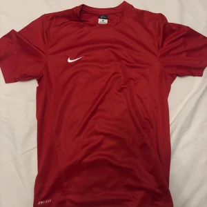 Röd Dri-FIT t-shirt från Nike - Säljer en röd Dri-FIT t-shirt från Nike. Perfekt för träning med sin fukttransporterande teknik. T-shirten har en enkel design med korta ärmar och en liten vit Nike-logga på bröstet. Litet hål men annars som nu.