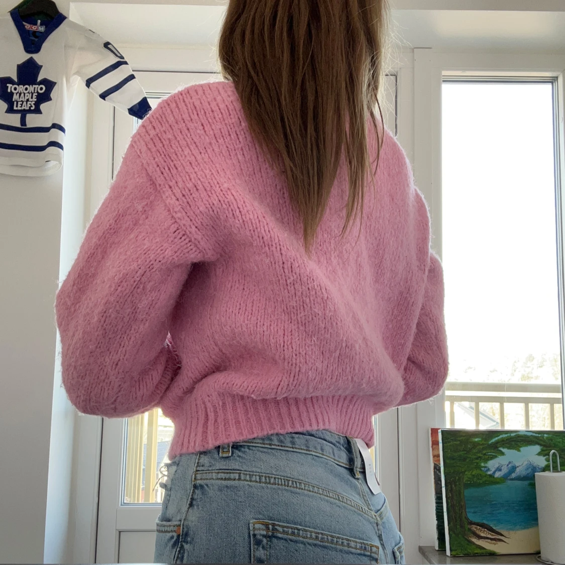 Rosa stickad tröja med hög krage - 2