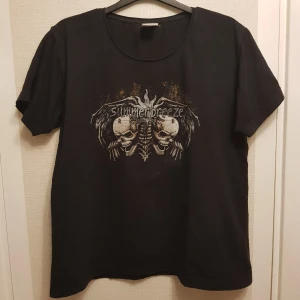 Svart t-shirt med Summer Breeze-tryck strl S - Säljer en svart t-shirt med coolt Summer Breeze-tryck från 2009. T-shirten har korta ärmar och ett tryck med dödskallar och text både fram och bak. Perfekt för festivalälskare! 🎸