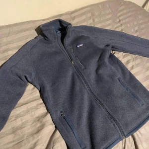 Blå fleecejacka från Patagonia - Säljer en snygg blå fleecejacka från Patagonia med dragkedja och hög krage. Jackan har två praktiska fickor med dragkedja framtill och en liten logga på bröstet. Perfekt för våren! 