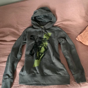 Grå hoodie med hästmotiv från ALLIN - Snygg grå hoodie från ALLIN Equestrian i storlek XS. Tröjan har ett coolt hästmotiv i svart och grönt på framsidan, huva med snörning och långa ärmar. Perfekt för dig som gillar ridning och vill ha en chill look.