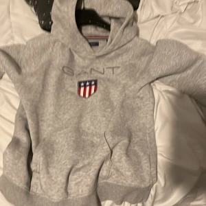 Grå hoodie från GANT med emblem - Säljer en grå hoodie från GANT med broderat emblem och GANT-logga på bröstet. Tröjan har huva, ribbade muddar och är tillverkad i mjuk bomull med fleece på insidan. Perfekt för dig som gillar klassisk och sportig stil.