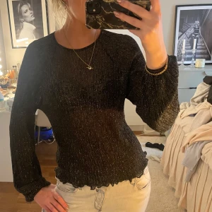 Svart glittrig långärmad topp - Säljer en svart långärmad topp med glittrigt material och lätt transparent look. Toppen har rund halsringning och smockad nederkant samt ärmslut för en snygg passform. 