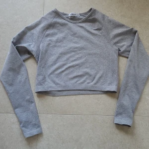 Grå croppad långärmad träningströja - Säljer en ljusgrå croppad långärmad tröja för träning. Tröjan har rund halsringning och tumhål vid ärmsluten. Storlek L, men passar även s/m ifall man inte vill ha den tajt.