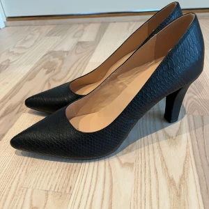 Svarta pumps med ormskinnsmönster - Snygga svarta pumps med spetsig tå och klack. Skorna har ett diskret ormskinnsmönster i materialet som ger en lyxig känsla. Perfekta för att lyfta vilken outfit som helst. Endast använd en gång i typ 2 timmar💕pris går att diskutera 