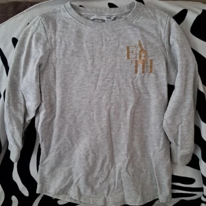 Grå långärmad tröja med tryck (barn) - Grå långärmad tröja i mjuk bomull med ribbade muddar och rund hals. På bröstet finns ett stilrent tryck i guld med texten 'EARTH'. Den är I bra skick, men har två fläckar som syns på bilderna. Storlek 130