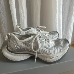 Balenciaga Circuit sneakers i vitt och silver - Säljer ett par Balenciaga Circuit sneakers i vitt och silver. Skorna har en sportig design med mesh och syntetmaterial, rund tå och snörning. Snygga detaljer i silver och vit sula med svart kant. Perfekta för dig som gillar statement sneakers.