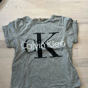 Grå t-shirt från Calvin Klein - Säljer en grå t-shirt från Calvin Klein med stor svart CK-logga och vit Calvin Klein-text på bröstet. T-shirten har rund halsringning och korta ärmar. Perfekt för en avslappnad och stilren look.