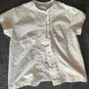 Vit blus med spetsdetaljer och knappar - Säljer en söt vit blus med korta ärmar och fina spetsdetaljer längs knappraden. Har en liten nästintill osynlig missfärgning på höger krage, därav priset. Passar bra till de mesta och perfekt för sommaren😎🫶