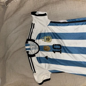 Argentina Messi 10 fotbollströja - Säljer en officiell Argentina landslagströja från Adidas med Messi och nummer 10. Tröjan är vit och ljusblå med svarta detaljer, klassiska ränder och broderade märken på bröstet. Perfekt för fotbollsfans!