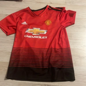 Röd Manchester United fotbollströja från Adidas - Säljer en röd Manchester United fotbollströja från Adidas med Chevrolet-logga på framsidan. Tröjan har svarta detaljer och korta ärmar. Perfekt för fans av laget!