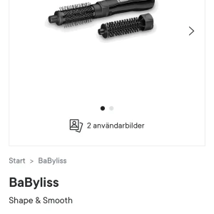 BaByliss Shape & Smooth - BaByliss Shape & Smooth är en stylingborste med två utbytbara borsthuvuden. Perfekt för att skapa volym och släta ut håret. Den har en svart design med en enkel knappkontroll för smidig användning. Säljer denna pågrund av att jag inte har någon användning för att jag inte stylar mitt hår särskillt mycket, bara använt 2 gånger. Originalpris-449kr