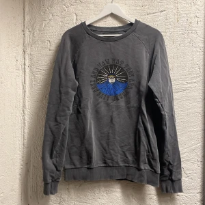 Grå sweatshirt med tryck - Säljer en grå sweatshirt med ett tryck. Tröjan har långa ärmar och rund halsringning. Sliten lock men några små hål