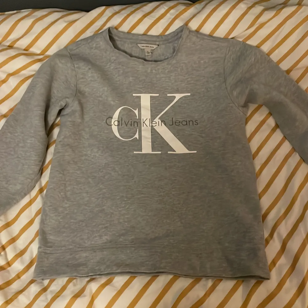 Säljer en stilren grå sweatshirt från Calvin Klein med det klassiska CK-logotypen tryckt på framsidan. Tröjan har långa ärmar och en rund halsringning. Perfekt för en avslappnad look.. Neuletakit & Villapaidat.