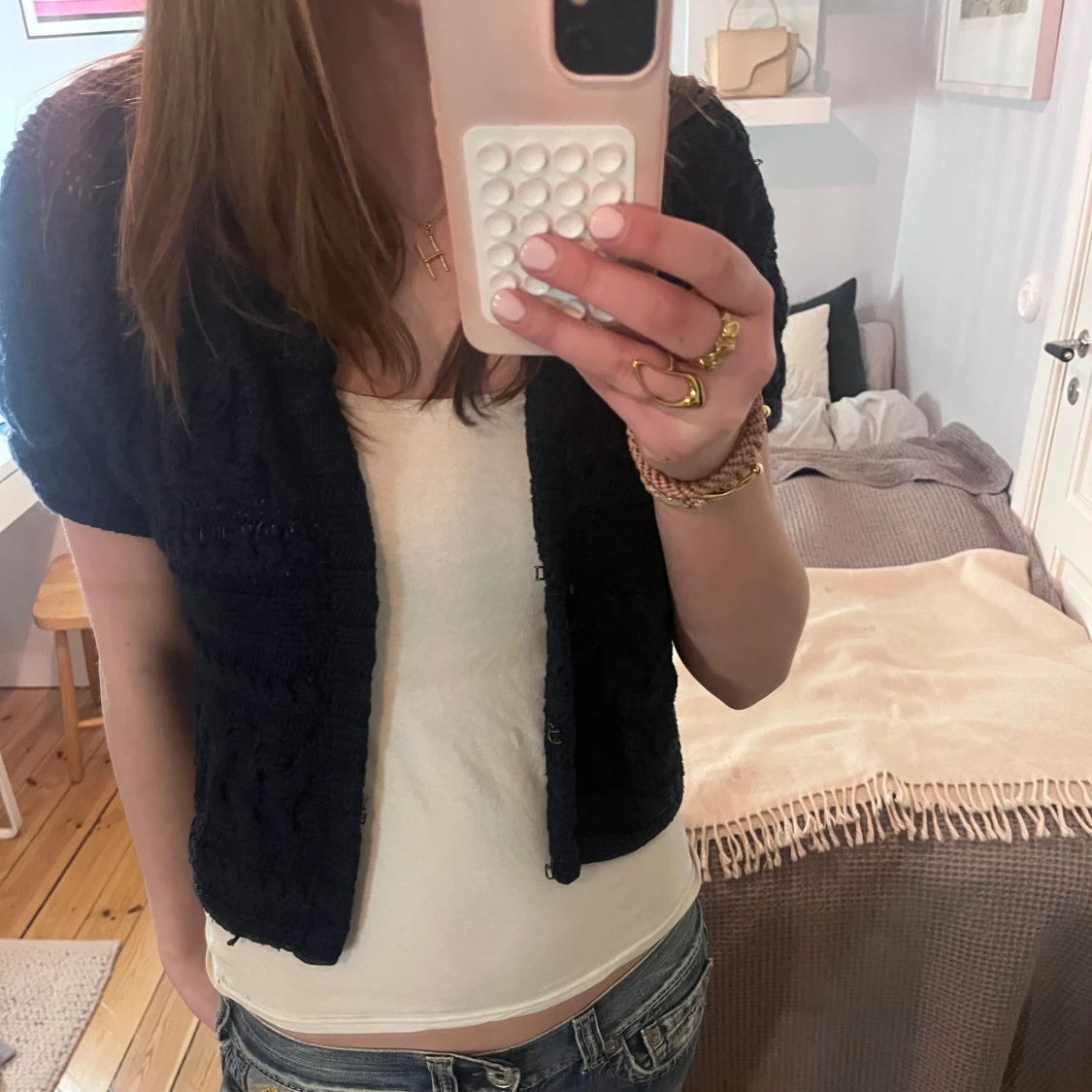 Mörkblå kortärmad kofta - 90