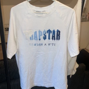 Vit t-shirt från Trapstar - Säljer en vit t-shirt från Trapstar med texten 'TRAPSTAR IT'S A SECRET' i blått och silver på framsidan. T-shirten har korta ärmar och en rund halsringning. Perfekt för en avslappnad stil. Ganska lång 
