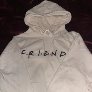 Vit hoodie med FRIEND-tryck - Säljer en vit hoodie med texten FRIEND tryckt på bröstet i svart med färgglada prickar. Hoodien har en klassisk design med känguruficka och justerbar huva. Perfekt för en avslappnad stil.