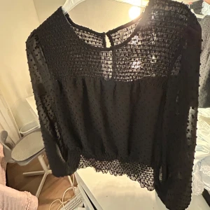 Svart transparent blus - Snygg svart blus med transparenta detaljer och prickigt mönster. Blusen har långa ärmar och en elastisk midja för en bekväm passform. Perfekt för att lägga till en touch av elegans till din outfit.