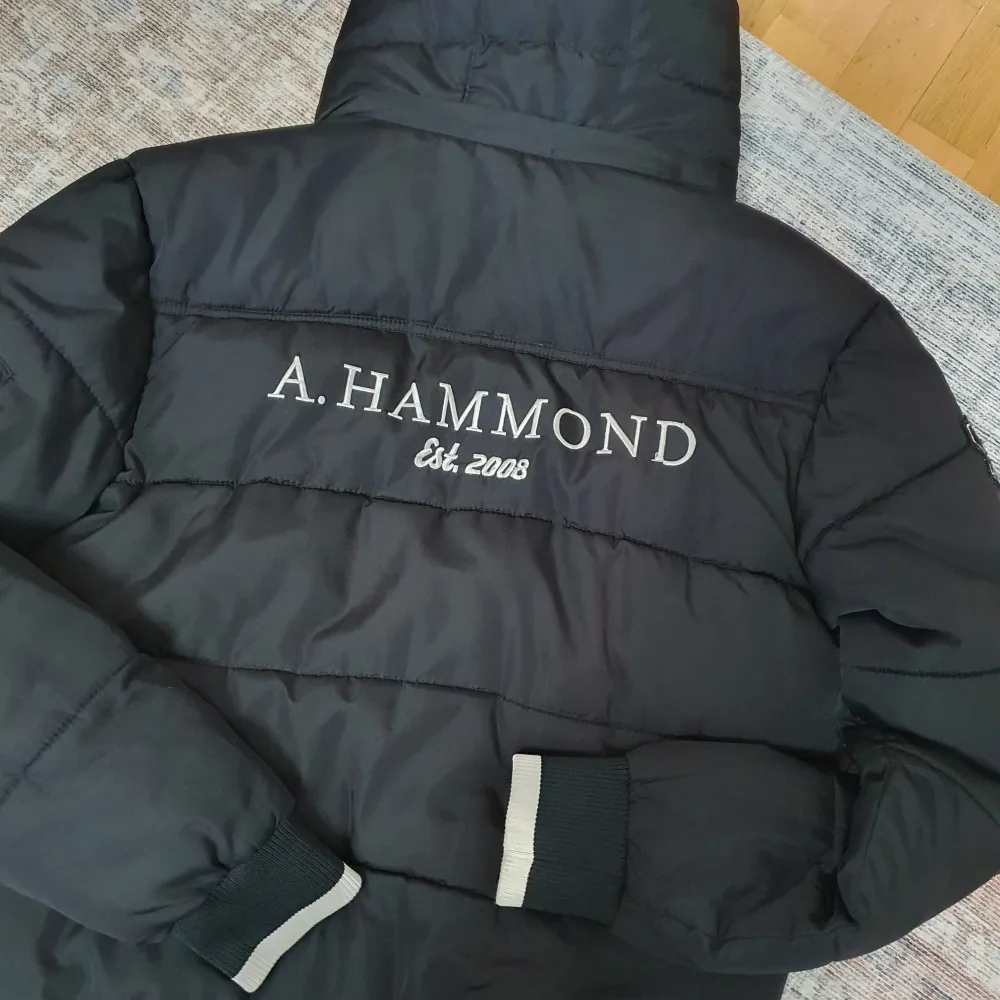 Säljer en svart pufferjacka från A. Hammond i storlek M. Jackan har coola broderade detaljer och märken på bröstet och ärmen. Den är långärmad med dragkedja och har en skön huva. Perfekt för höst och vinter!. Takit.