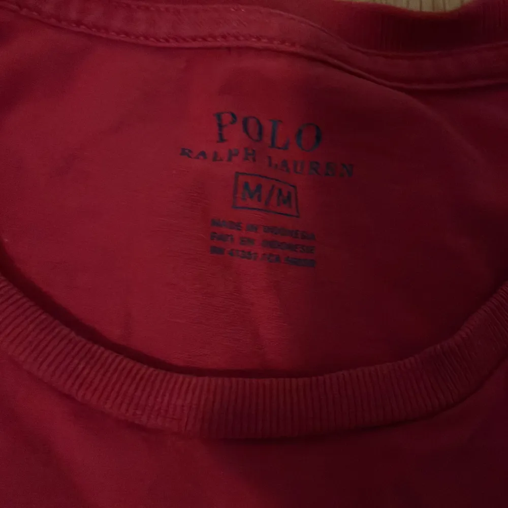 Säljer en snygg röd t-shirt från Polo Ralph Lauren i storlek M. Den har en klassisk passform och är kortärmad med en broderad blå logga på bröstet. Perfekt för både vardag och fest!. T-shirts.