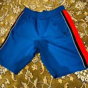 Blå shorts med ränder från FSBN - Säljer ett par blå shorts från FSBN i storlek S. De har en elastisk midja och coola ränder i rött, svart och vitt längs sidorna. Perfekta för sommarens alla aktiviteter! Shortsen har praktiska fickor med dragkedja.