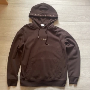 Brun hoodie med tryck - Säljer en brun hoodie i storlek L. Den har en klassisk design med en känguruficka fram och justerbar huva med snören. På framsidan finns ett tryck med text. Perfekt för höst och vinter, superbekväm och stilren!