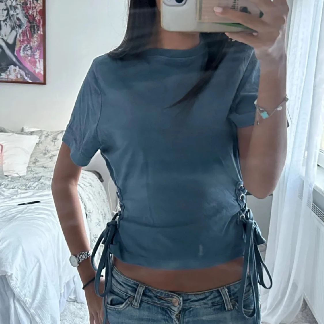 Blå croppad topp med snörning - 90