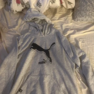 Grå hoodie från Puma - Säljer en grå hoodie från Puma med det klassiska logotyptrycket på framsidan. Tröjan har en stor ficka framtill och en bekväm huva. Perfekt för en avslappnad stil. den är i storlek L men sitter som S/M