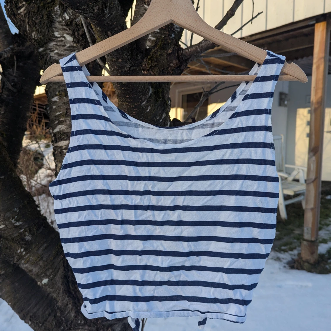 Women blue and white striped crop top - 1