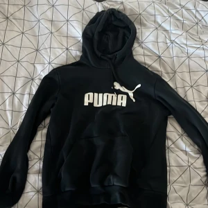 Svart hoodie från Puma - Säljer en svart hoodie från Puma i storlek M. Den har en klassisk design med Puma-loggan i vitt på framsidan. Hoodien har en stor ficka framtill och en bekväm huva med dragsko. Perfekt för en avslappnad stil eller träning.
