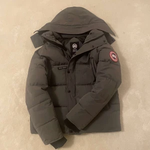 Grå  dunjacka från Canada Goose - Säljer en Grå dunjacka från Canada Goose med deras ikoniska märke på ärmen. Jackan har en pufferdesign och är perfekt för kalla vinterdagar. Den har en huva och stängs med dragkedja och knappar. En klassisk och stilren jacka för den som vill hålla sig varm.