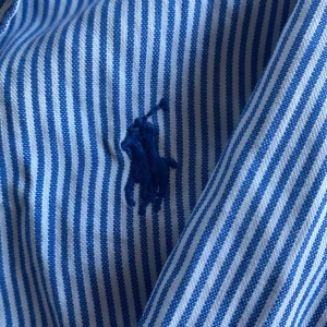 Blå och vit randig skjorta från Ralph Lauren - Säljer en stilren blå och vit randig skjorta från Ralph Lauren. Skjortan har långa ärmar och knappar framtill. Den är broderad med den klassiska Ralph Lauren-loggan på bröstet. Perfekt för en snygg och avslappnad look.