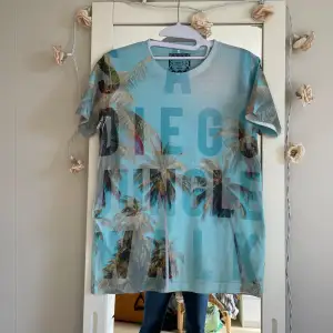 Säljer en supercool blå t-shirt från Name It med ett tropiskt palmtryck. Perfekt för sommardagar och ger en skön beach vibe. T-shirten är i storlek 158-164 och har korta ärmar. Den är i bra skick och redo för nya äventyr! .passar som en smal 