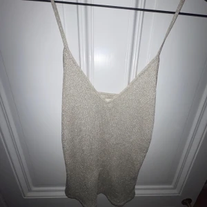 Glittrig linne från H&M - Säljer ett snyggt glittrigt linne från H&M i en elegant beige färg. Linnet har smala axelband och en v-ringad design som ger en stilren look. Perfekt för att lägga till lite glitter i garderoben!