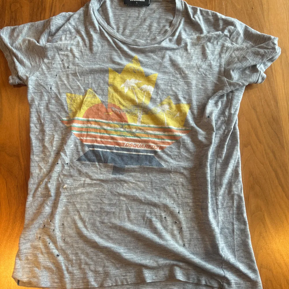 Säljer denna gråa t shirt ifrån dsquared2. Säljer den då den inte är min stil längre. Har haft den i några år nu. Tröjan är storlek L. OBS alla hål och färg skvättar ska vara där då det är del av designen. Tröjan är äkta. T-paidat.