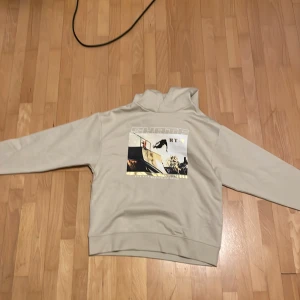 Beige hoodie med skateboardtryck - Säljer en beige hoodie med ett coolt skateboardtryck på framsidan. Tröjan har en luva och långa ärmar, perfekt för en avslappnad stil. Texten 'SKATE' och 'KICK FLIP BOARDSLIDE GRIND' ger en sportig känsla.