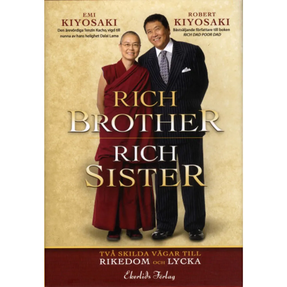 Två skilda vägar till lycka, rikedom och hälsa Rich brother, Rich sister är en bok som handlar om två syskons väldigt olika vägar till lycka och framgång. Robert Kiyosaki är världsberömd entreprenör, föreläsare och författare till den mest framgångsrika boken om privatekonomi i historien: Rich Dad, Poor Dad som sålt i över 30 miljoner exemplar. Emi Kiyosaki, Roberts yngre syster, valde en mer andlig väg efter den gemensamma uppväxten på Hawaii och kom efter många års träget sökande att bli buddhistisk nunna. Hon har studerat för en mängd berömda lärare och blev vigd till nunna av den nuvarande Dalai Lama. Hon har även arbetat som Dalai Lamas assistent i många år och rest jorden runt i hans sällskap. I boken ger hon sin syn på pengar, lycka och framgång och hur man bör förhålla sig till dessa. Format Inbunden Omfång 348 sidor Språk Svenska Förlag Ekerlids Utgivningsdatum 2009-11-26 Medverkande Robert Kiyosaki Medverkande Edith Söderström ISBN 9789170921179 . Böcker.