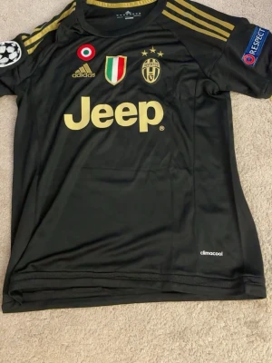 Juventus Pogba matchtröja svart/guld - Juventus matchtröja i svart med guldiga detaljer och tryck. Pogba #10 på ryggen, Jeep-logga på bröstet och Champions League-märke på ärmen. Tillverkad i lätt och ventilerande climacool-material. Klassiska Adidas-ränder på axlarna. Size s pris kan diskuteras