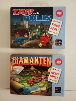 Två kortspel. Tjuv och polis, och Diamanten - Säljer två roliga kortspel från Alga: Tjuv och Polis samt Den försvunna Diamanten. Båda spelen har färgglada kartongaskar med illustrationer och är för 2-6 spelare från 5 år. Perfekta för spelkvällar med vänner eller familj.
