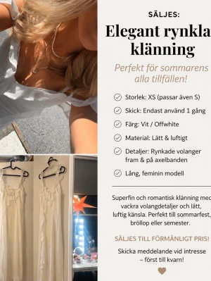 Vit långklänning med volanger - Elegant och romantisk vit långklänning med rynkade volanger framtill och på axelbanden. Klänningen har en feminin siluett och är tillverkad i ett lätt, luftigt material som passar perfekt till varma dagar. Axelbandslös känsla med smala band och volangdetaljer längs hela framsidan. Använd 1 gång 