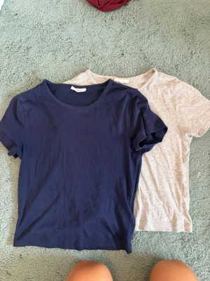 Två basic t-shirts navy & grå - Säljer två basic t-shirts från Weekday i storlek S. En är marinblå och den andra ljusgrå, båda med rund hals och korta ärmar. Perfekta till jeans eller shorts och gjorda i mjuk bomull för skön känsla hela dagen.