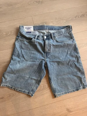 Blå denim shorts regular fit från H&M - Säljer ett par klassiska blå denim shorts i regular fit. De har fem fickor, bälteshällor och stängs med knapp och dragkedja. Perfekta för sommaren och enkla att matcha med olika outfits.