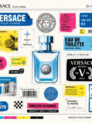 Versace Pour Homme Eau de Toilette - Versace Pour Homme Eau de Toilette är en fräsch och tidlös herrparfym i en elegant blå glasflaska med silverdetaljer och Versaces ikoniska Medusa-symbol. Doften har inslag av citrus och medelhavstoner. Förpackningen är stilren i svart med silvertext.