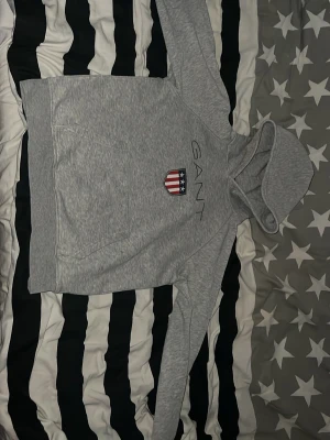 Gant hoodie storlek 158/168 - Snygg grå hoodie från GANT med klassisk logga och sköld på bröstet. Hoodien har huva och en stor magficka framtill. Tillverkad i mjukt material som passar perfekt för en chill och avslappnad stil.