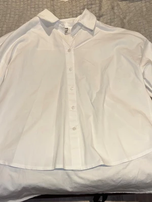 Vit skjorta med ballongärm - Säljer en vit skjorta i bomull med klassisk krage och knappar framtill. Skjortan har unika ballongärmar med resår vid ärmsluten för en trendig look. Perfekt för dig som vill ha en stilren men ändå cool skjorta. Kan variera till person om någon vill va oversized skjorta så passar de perfekt för storlek M men även till storlek XL🤍