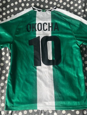Nigeria fotbollströja Okocha #10 - Grön och vit Nigeria landslagströja från Nike med Okocha och nummer 10 på ryggen. Tröjan har korta ärmar, tryckt landslagsemblem på ärmen och ett stort Nigeria-tryck med örn på bröstet. Tillverkad i lätt och ventilerande material, perfekt för fotboll eller samling.