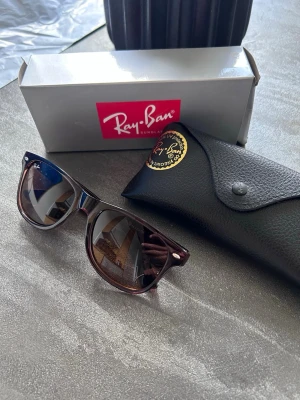 Ray-Ban bruna Wayfarer solglasögon - Snygga Ray-Ban Wayfarer solglasögon i mörkbrunt med klassisk form och silverdetaljer vid bågarna. Glasen är mörka och bågarna är tillverkade i plast. Perfekta för soliga dagar och ger en tidlös look.