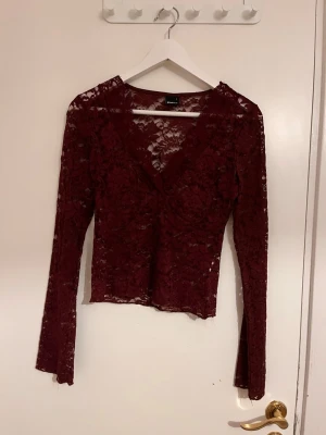 Vinröd spetsblus med v-ringning - Säljer en vinröd långärmad blus i spets med v-ringad hals. Blusen är genombruten och har en slim passform som ger en elegant look. Perfekt att styla med jeans eller kjol för en trendig outfit.