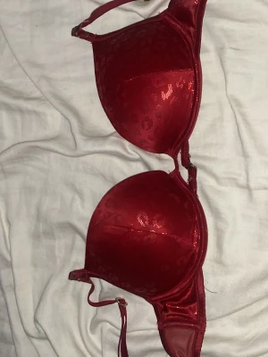 Röd push-up bh med leopardmönster - Snygg röd push-up bh med lätt glansigt tyg och diskret leopardmönster. Justerbara axelband och bygel för extra stöd. Kuporna är vadderade och ger en fin form. Perfekt för dig som vill ha något lite extra under kläderna.